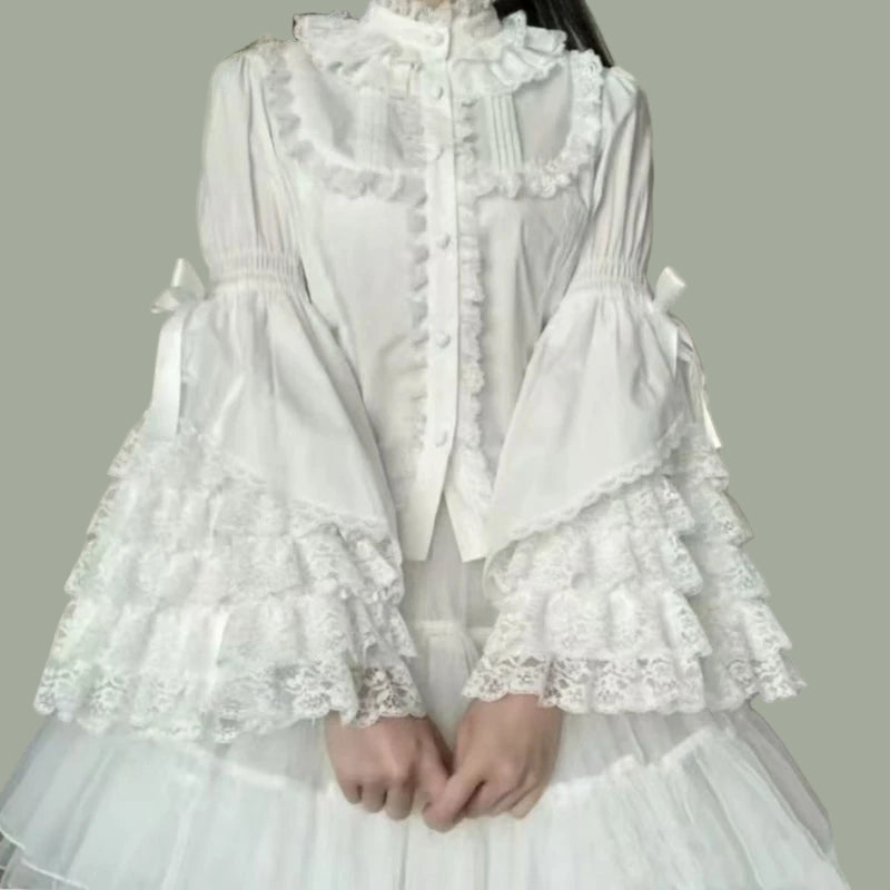 Japanese Sweet Cute Lolita Flare Sleeve Bow Shirts Women Y2k Aesthetic Lace Patchwork Blouse Kawaii Girl Loose Blusas Mujer Tops