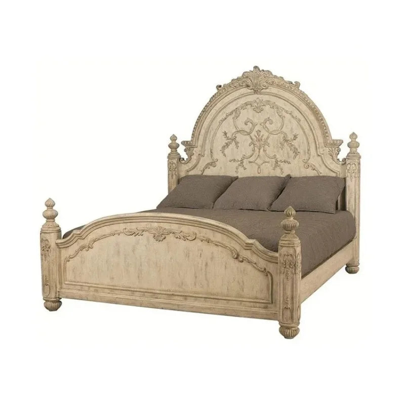 Solid Wood Carved Bed Antique French Style — Ivory | KIMLUD