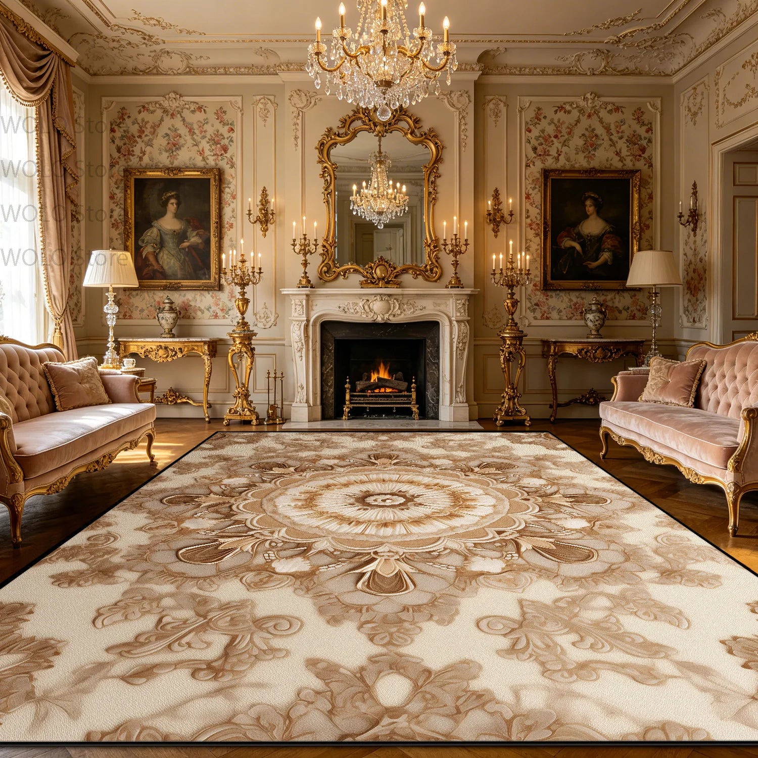 Luxurious Rococo Geometric Area Rug — Gold | KIMLUD