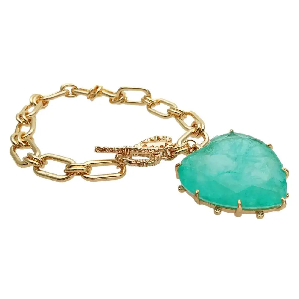 Yellow Gold Plated Heart Charm Bracelet — Green | KIMLUD