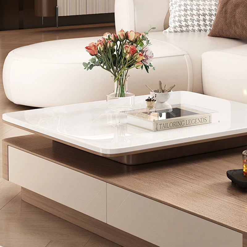 Modern Triangular End Tables With Dual-Tier Geometry And White Rock Slab Top On Warm Wood Base — White | KIMLUD