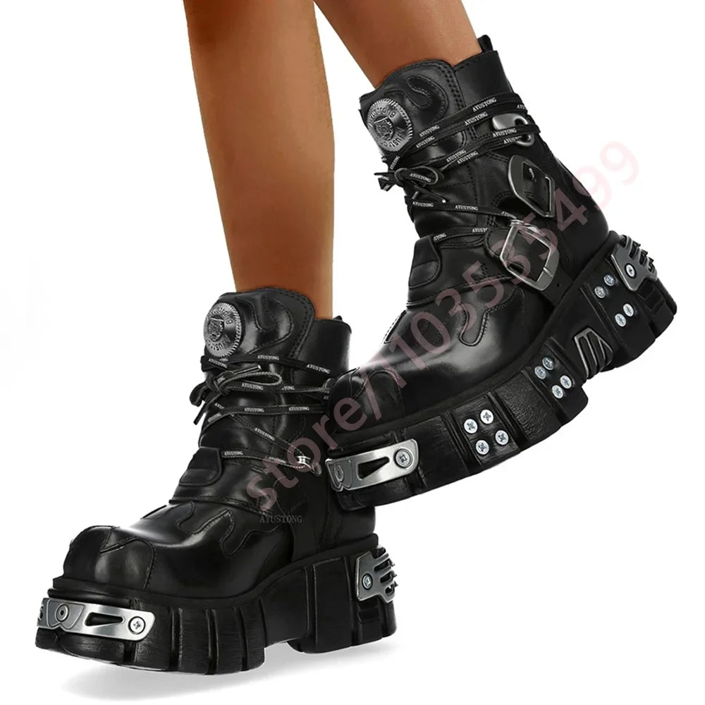 Ankle Boots - Metal Studded - Black Lace-Up Buckled Punk Rock | KIMLUD