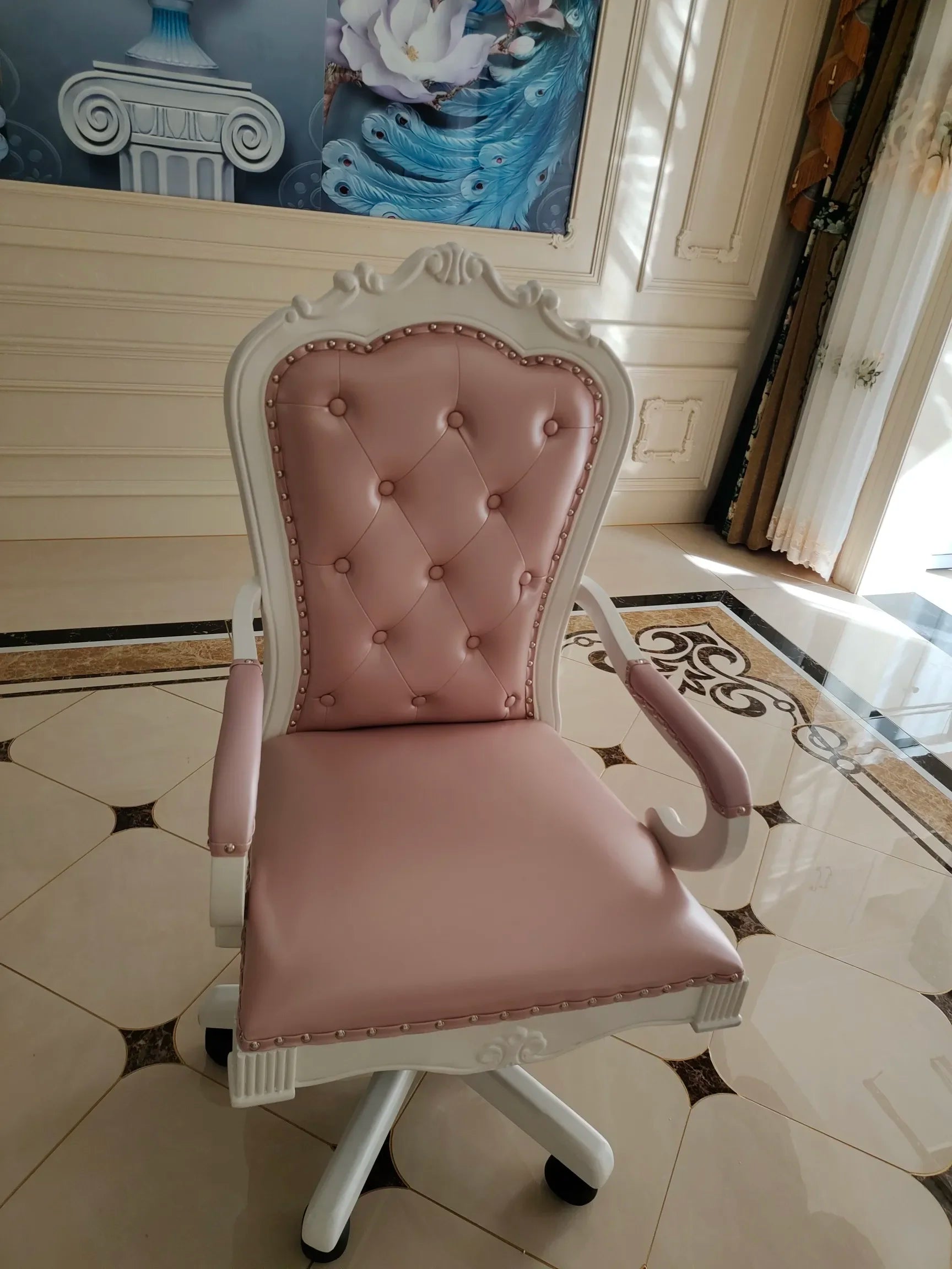 12American Genuine Leather Retro Carved Solid Wood Swivel Chair Office Chair Lift