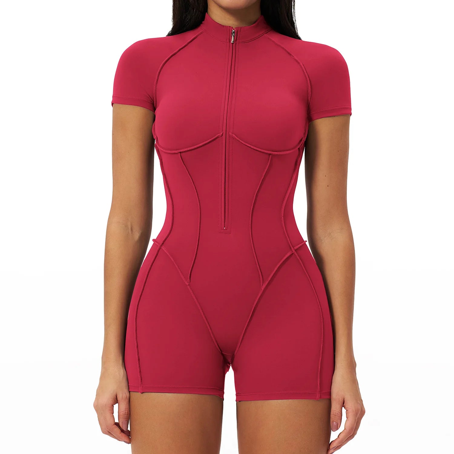 Performance Stretch Jersey Zippered Yoga Bodysuit Short Sleeves For Studio To Street — Red | KIMLUD