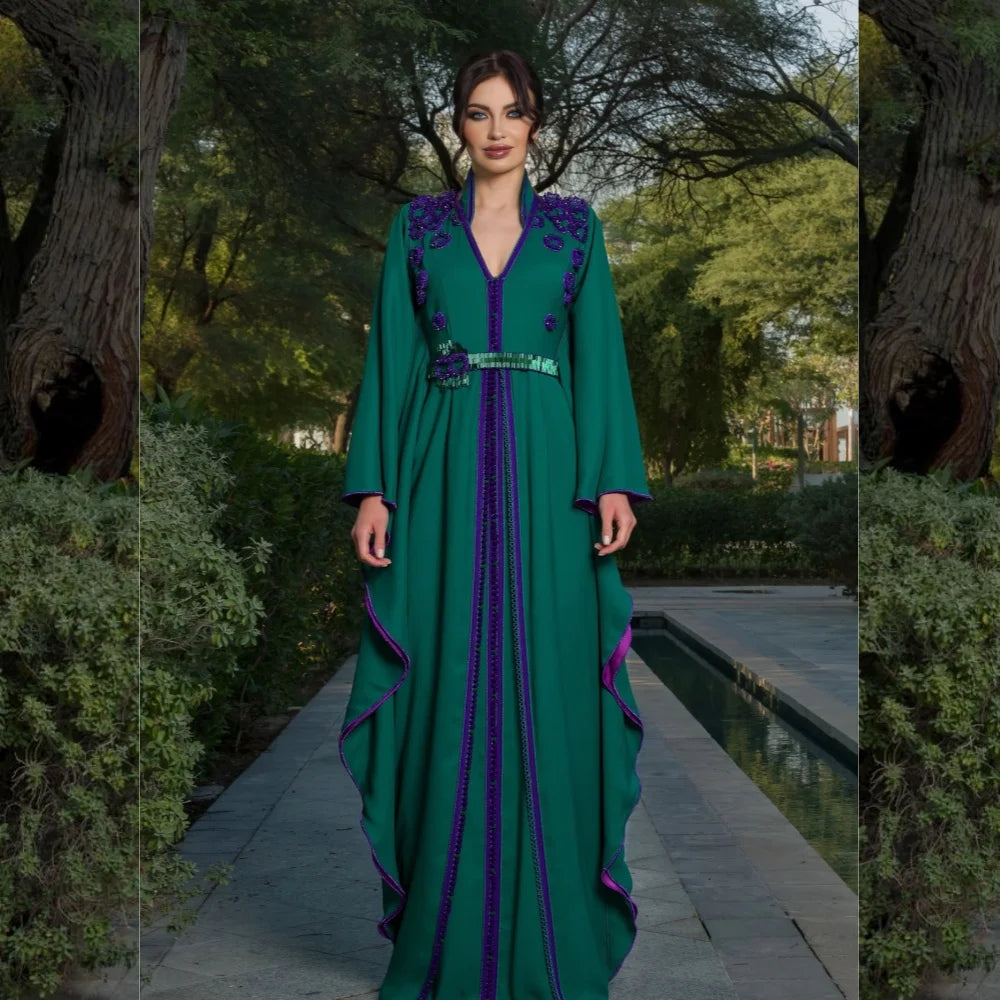Customized Jersey Flower Sashes Ruched Wedding Party A-line V-neck Bespoke Occasion Gown Long Dresses