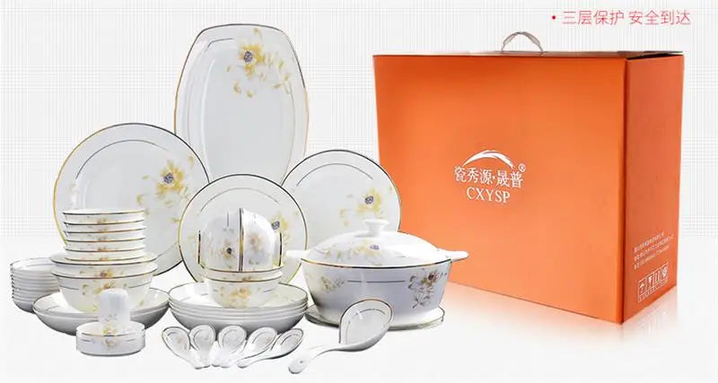Bone China Dinnerware Set 46-Piece Gold Rim — Ivory White | KIMLUD