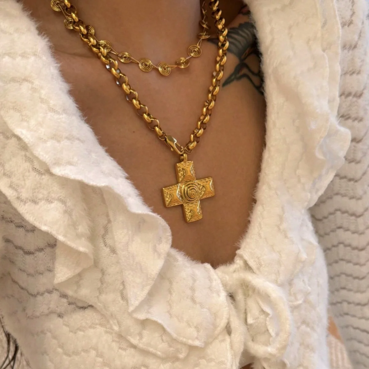 Punk 18K Gold Plated Stainless Steel Big Cross Pendant Necklace for Women Fashion Party Jewelry Gift