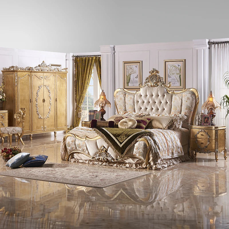 French Rococo Design Home Bedroom Gold Leaf Carving King Size Bed European Classic Luxury Golden Wooden Bedroom Furniture
