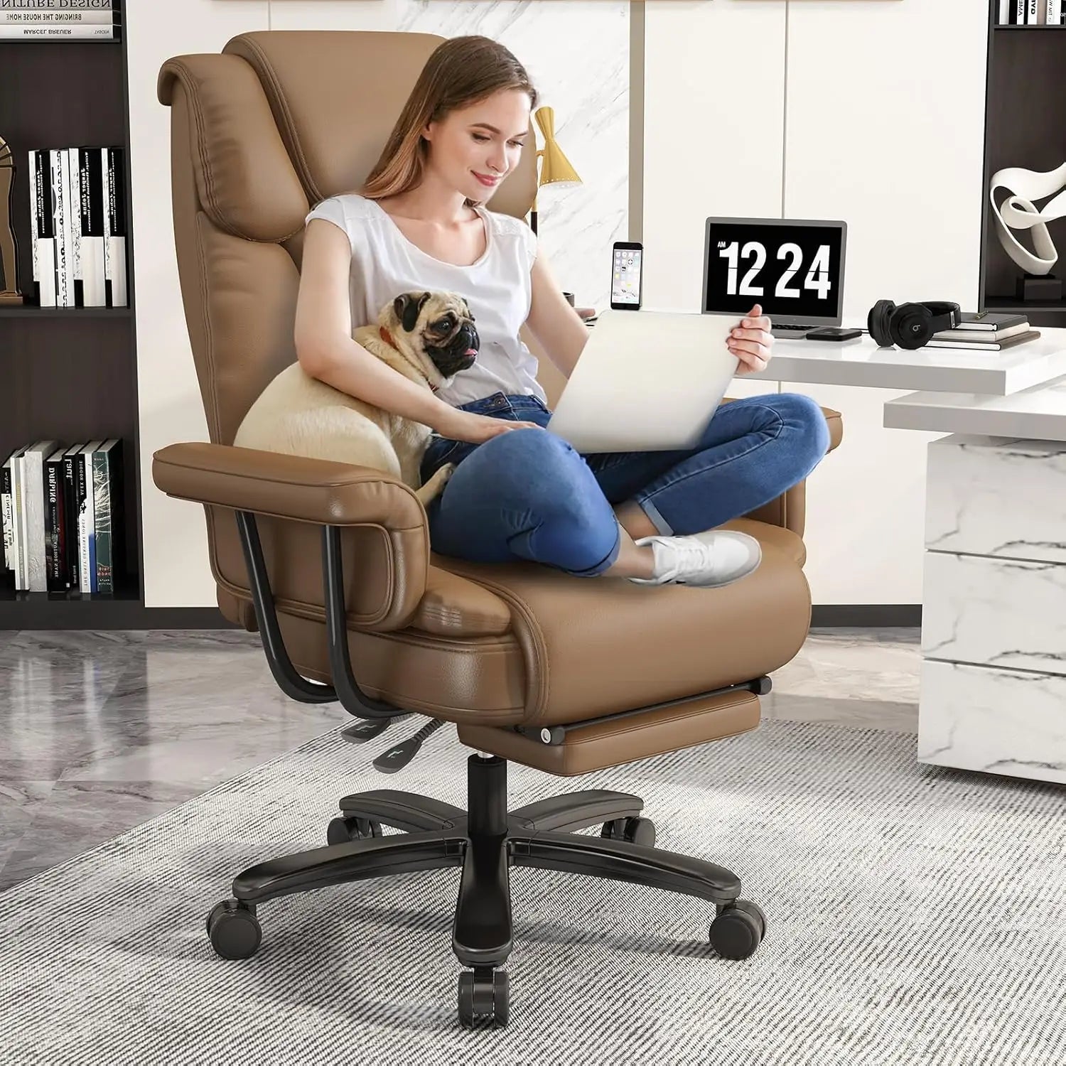 Criss Cross Chair with Wheels, 160°Big and Tall Reclining Office Desk Chair with High Back, Wide Seat, Arms, Footrest, Grey