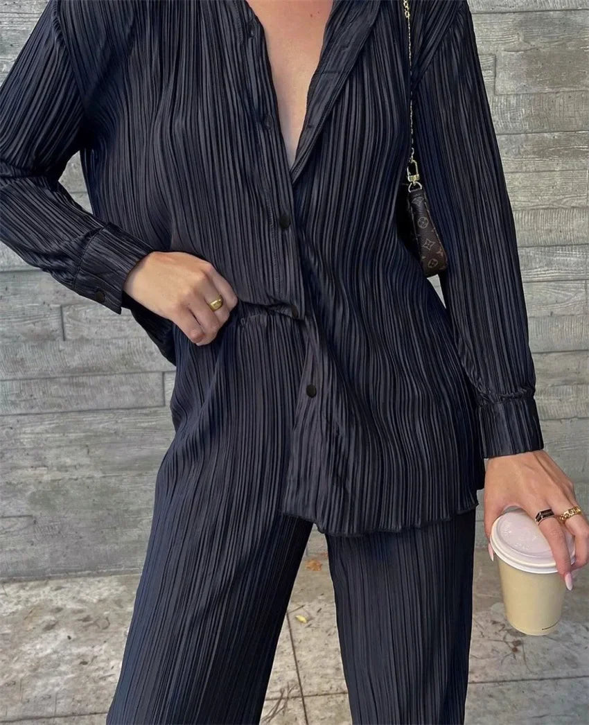 KIMLUD, 2023 Spring Summer Best Seller Solid Color Draped Loose Fit Smooth Pleated Women's Casual 2-Piece Set Stock Available, KIMLUD Womens Clothes