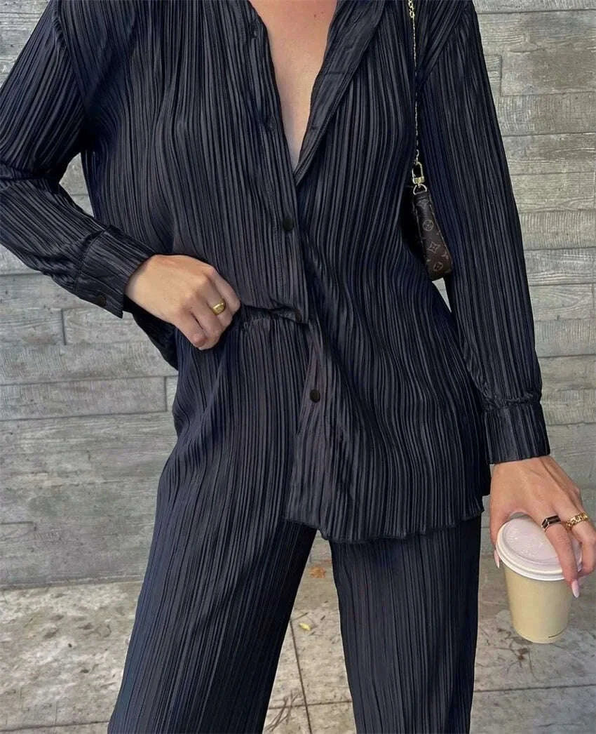 KIMLUD, 2023 Spring Summer Best Seller Solid Color Draped Loose Fit Smooth Pleated Women's Casual 2-Piece Set Stock Available, KIMLUD Womens Clothes