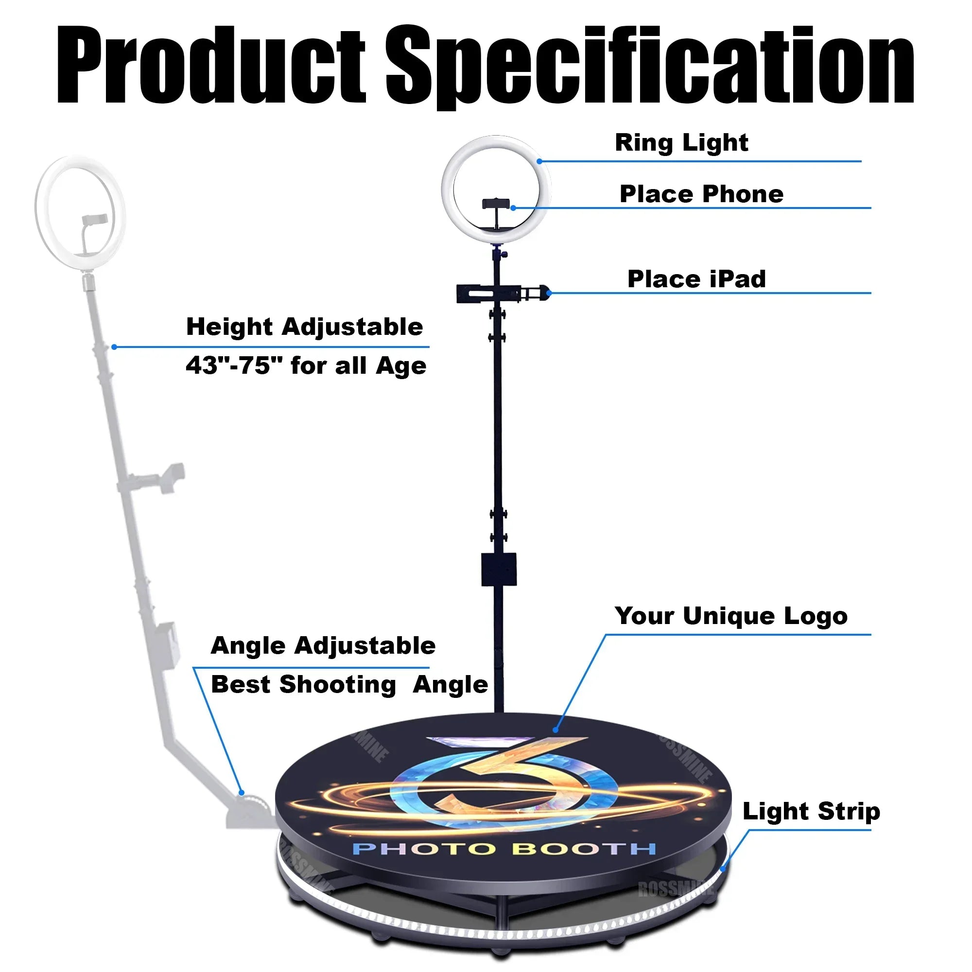 Portable 360 Photo Booth System With High-Power LED Lights And Stanchions — Black | KIMLUD