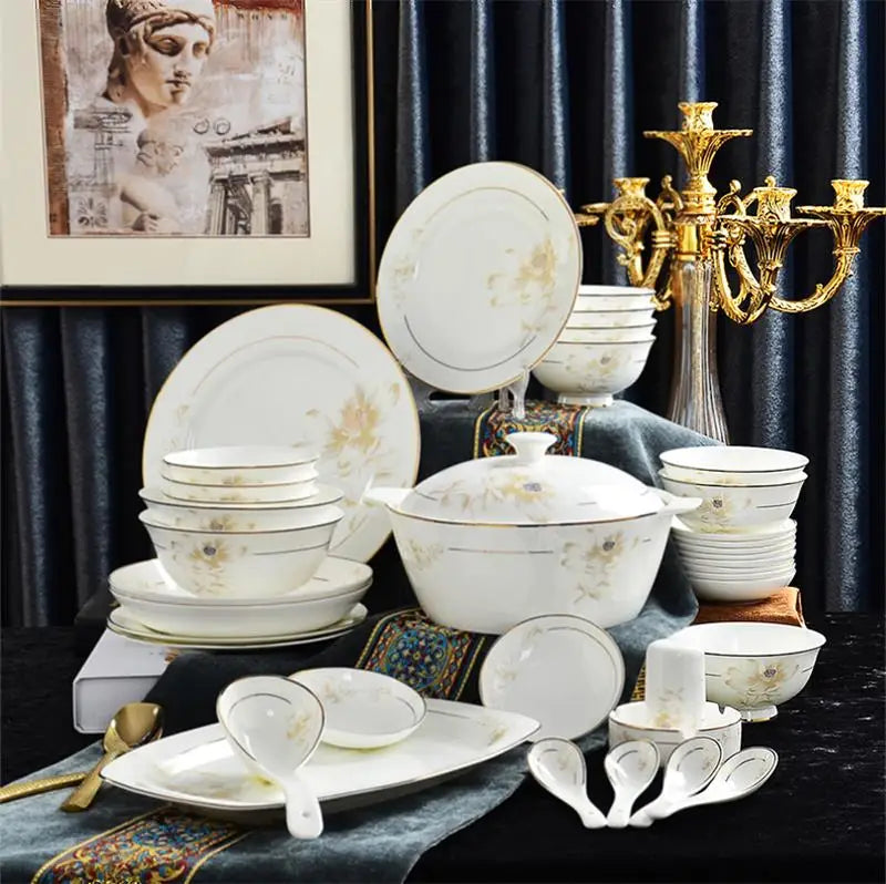 Bone China Dinnerware Set 46-Piece Gold Rim — Ivory White | KIMLUD