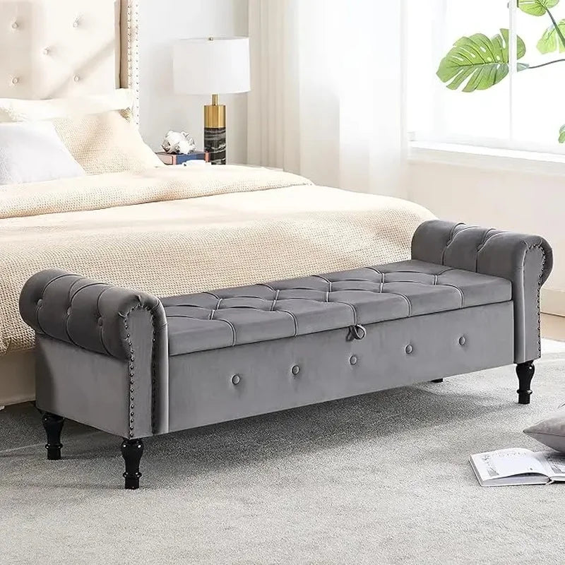Velvet Tufted Storage Bench, 67" Bedroom End of Bed Bench, King Size with Rolled Arms, Button Ottoman Bench