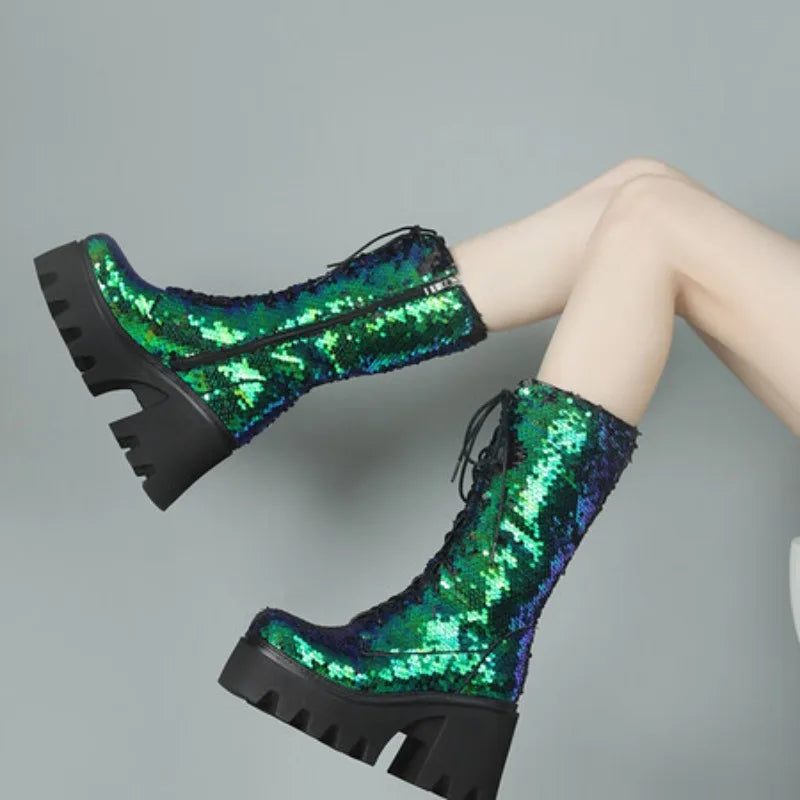 NASBAVI Sequins Cloth Bling Shiny Green Fish Scale Pattern Lace-up Punk Goth Women Winter Shoes Chunky Heels Mid-calf Boots 43