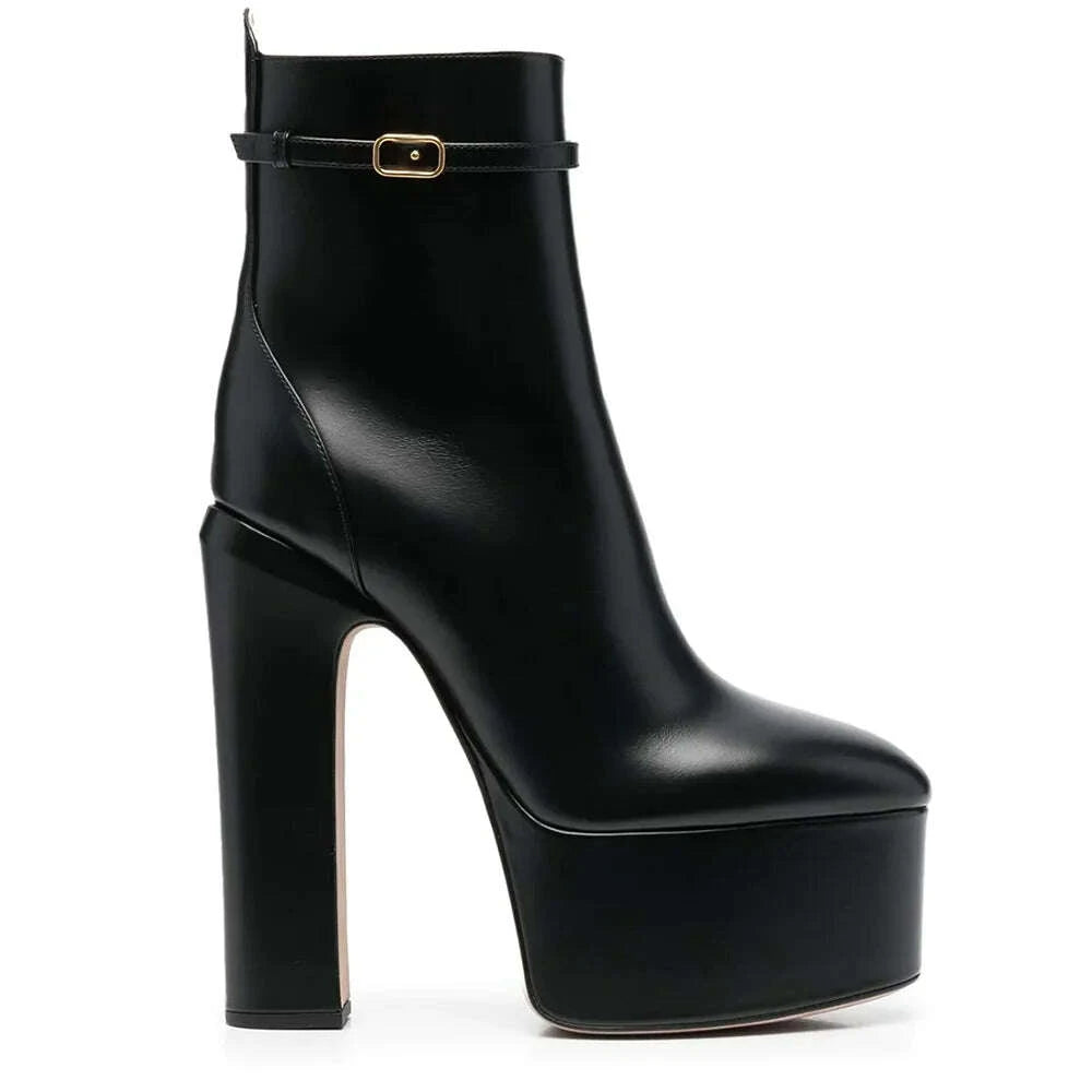 KIMLUD, Aucegi Delicate Women Round Toe Platform Chunky High Heel Ankel Boots Fashion Genuine Leather Side Zipper Dress Handmade Shoes, KIMLUD Womens Clothes