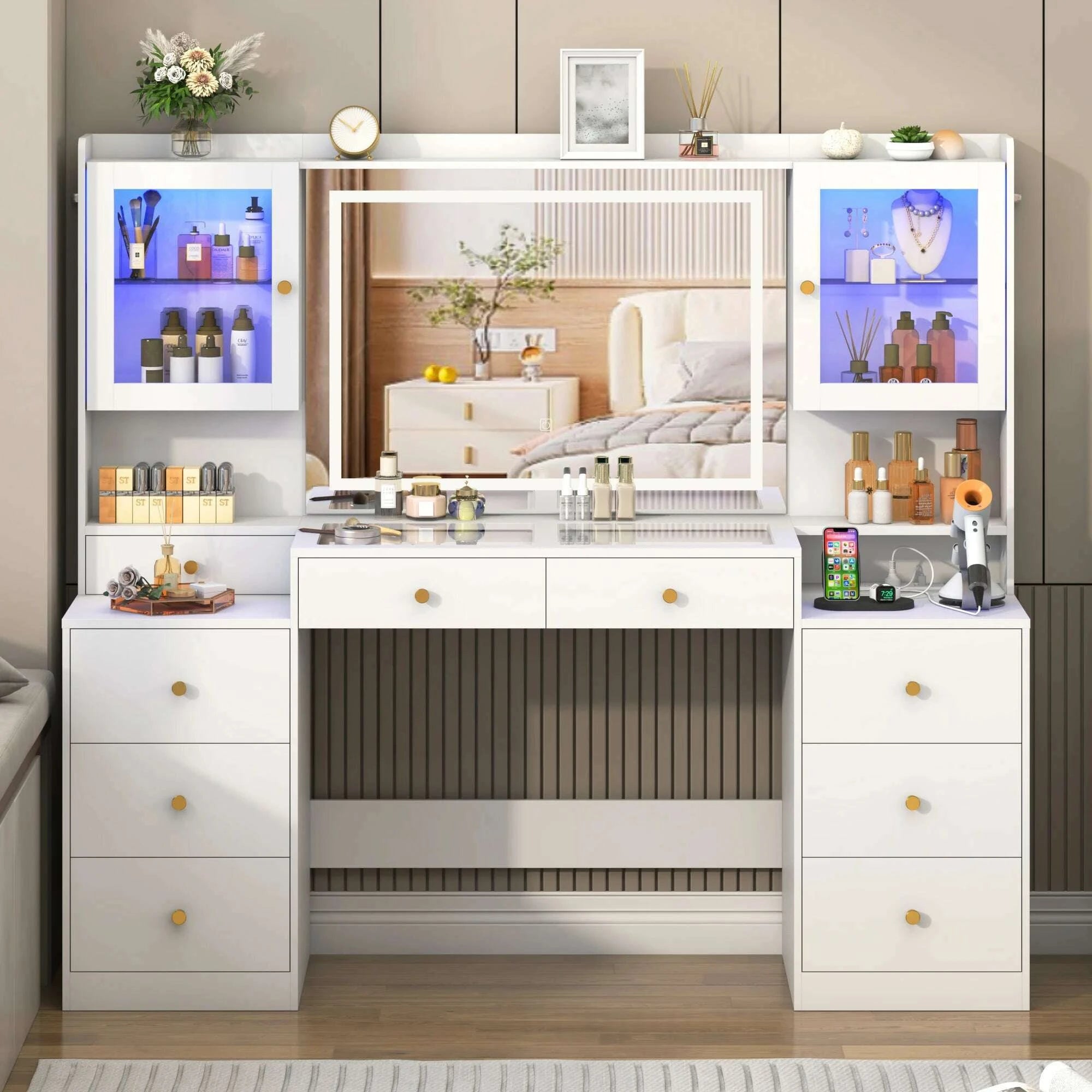 617-large-vanity-desk-with-mirror-and-lights-makeup-vanity-with-charging-station-sliding-drawers-2-cabinets-with-glass-doorkimlud-womens-fashion-34600276