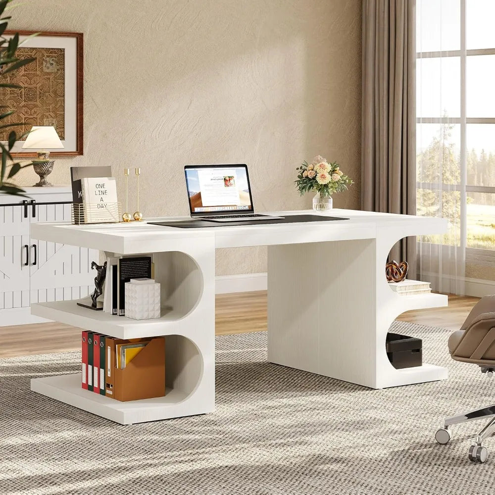 Office Desk, 63" Computer Desk with Storage Shelves, Modern Wood Study Writing Table, Large Workstation Business Furniture