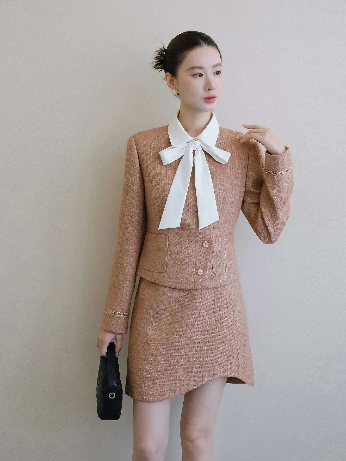KIMLUD, XXNING Luxury Faion Set Women's Autumn Winter ort Coat Skirt Two-Piece Suit Ele Lady Sle Knot Design, KIMLUD Womens Clothes