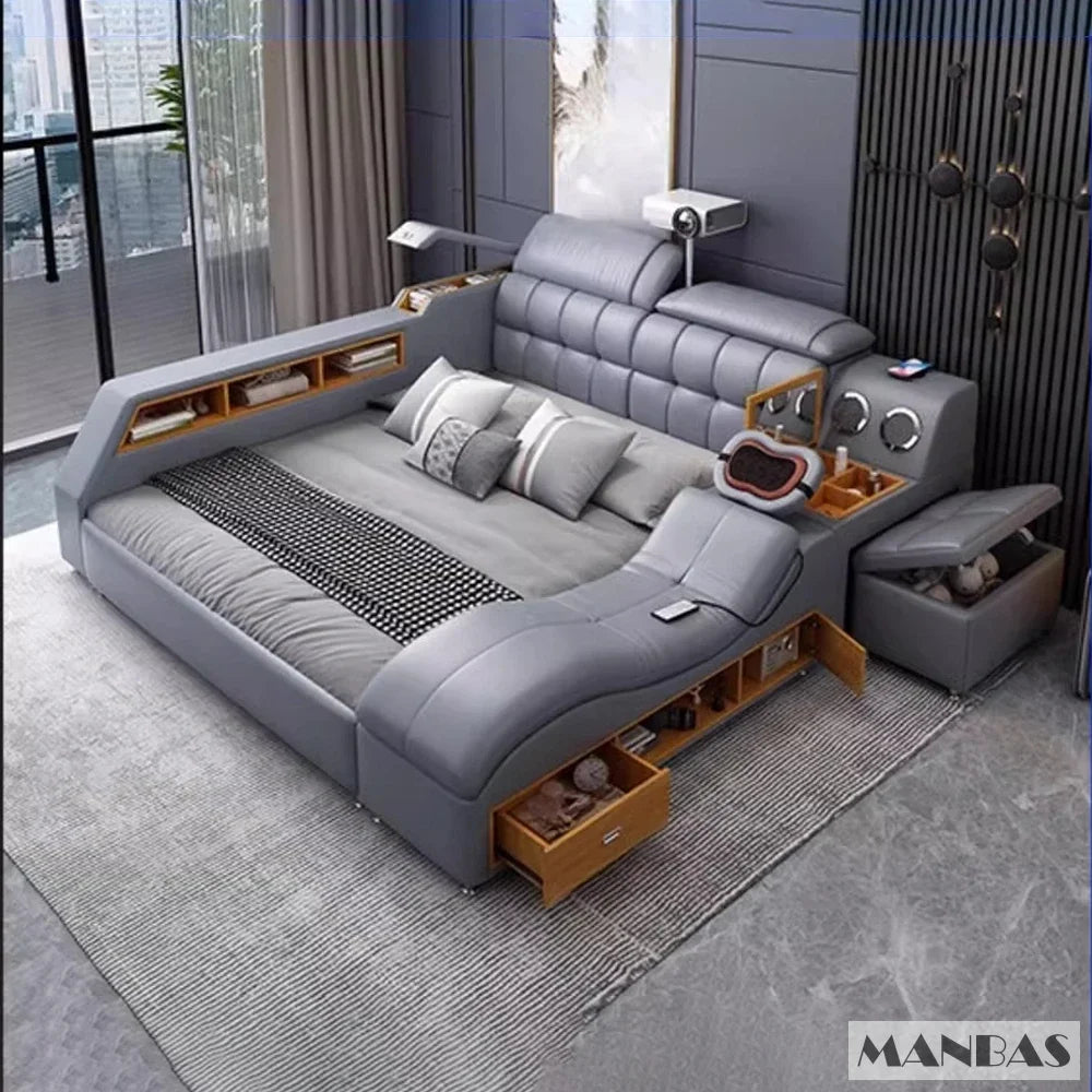 Genuine Leather King Size Bed With Massage — Pink | KIMLUD