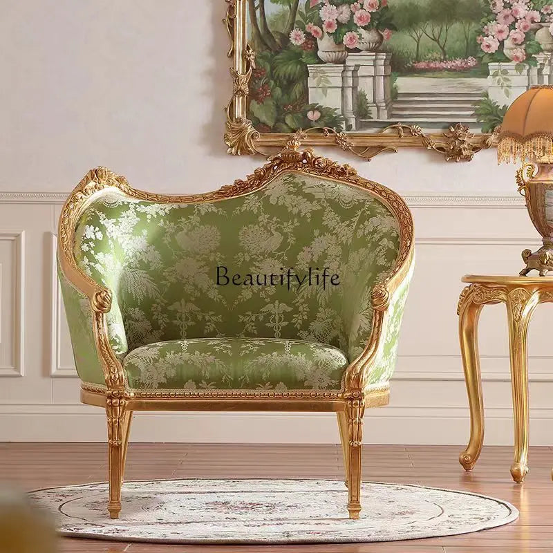 *French retro solid wood carving flower sofa chair European villa living room fabric leisure chair