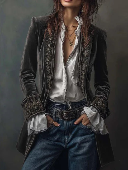 Retro Women's Jacket Loose Casual Temperament Fashion Printed Palace Style Jacket Long Sleeves Spliced gold Velvet Outerwears