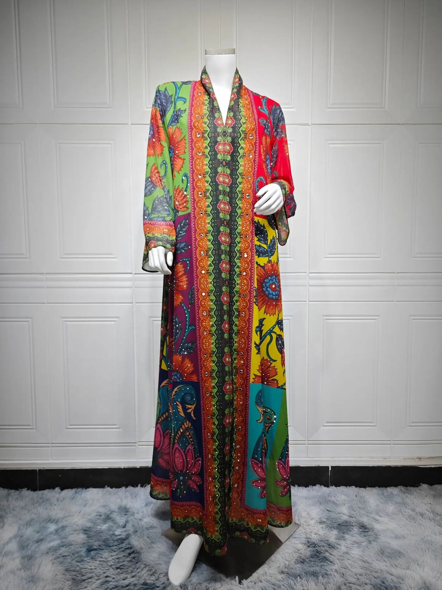 Polyester Abaya Dress Diamond Print — Multicolor | KIMLUD