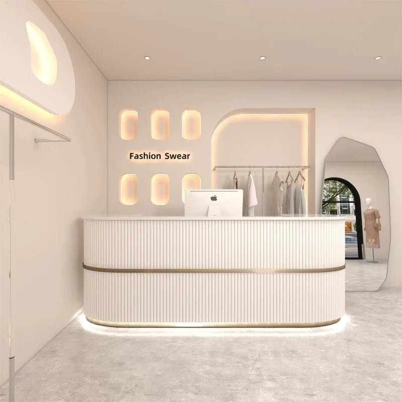 Curved Wood Reception Desk Modern Office — Walnut | KIMLUD