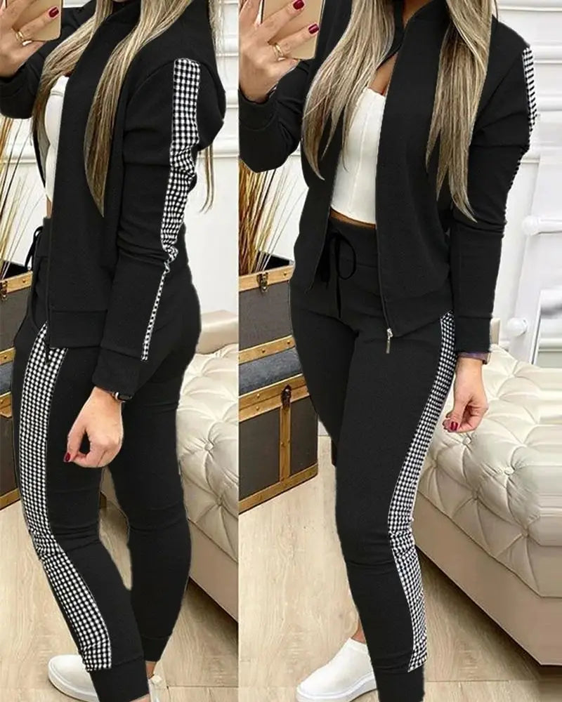 Sport Plaid Patchwork Long Sve Set Women's Casual Sportswear Polyester Fabric Zipper Closure Long Pants Two-Piece Set
