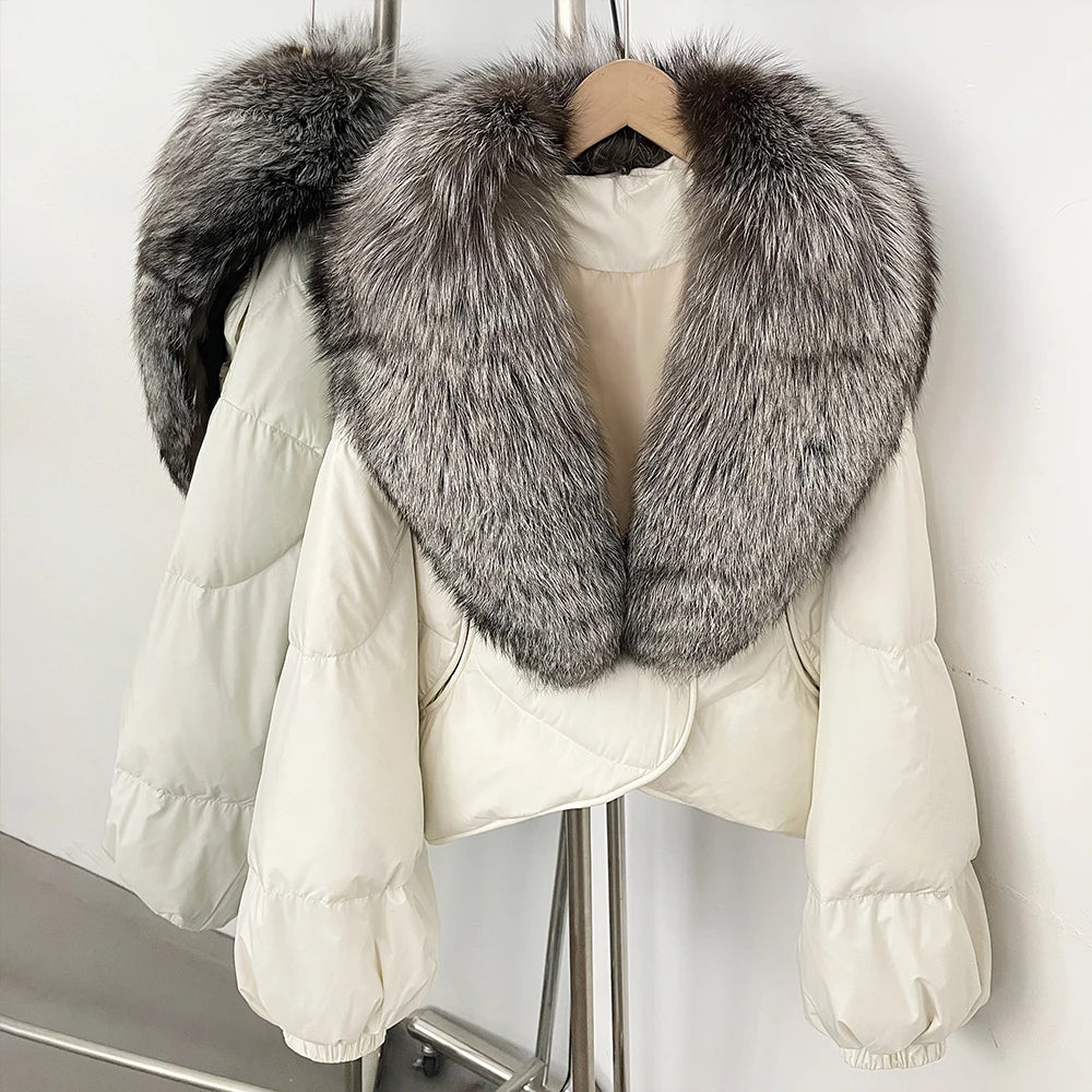 Down Coat – Real Fox Fur Trim – Duck Down – Natural | KIMLUD