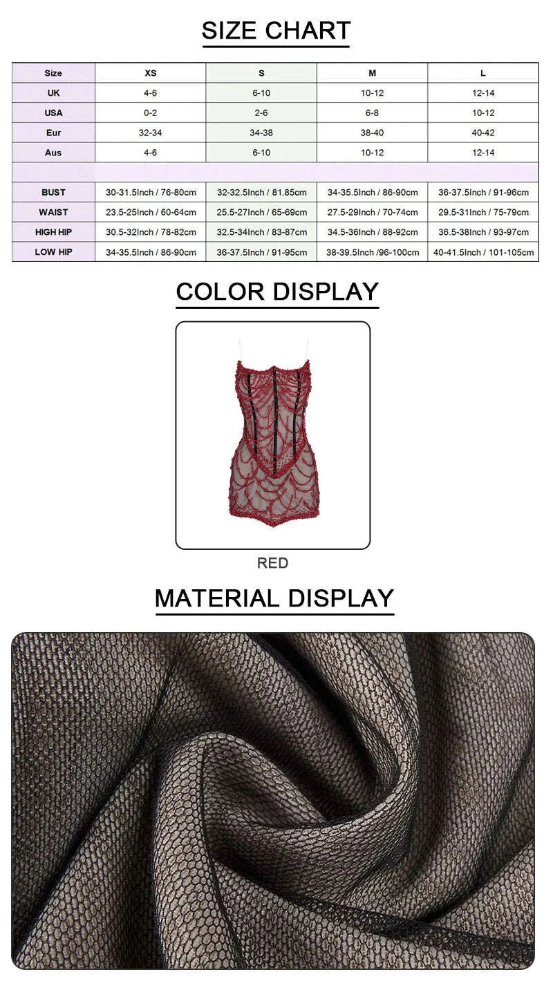 KIMLUD, VC Glamorous Fashion Strapless Red Beaded Mesh Through Mini Sexy Dress with Corset for Club and Evening Party, KIMLUD Womens Clothes