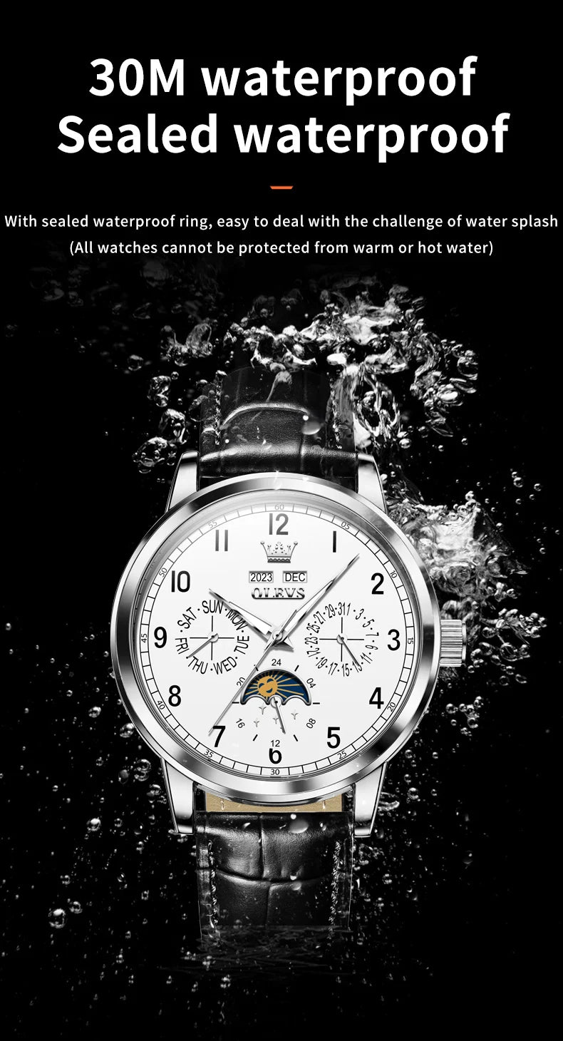 Leather Dress Watch Moon Phase Automatic — Black | KIMLUD