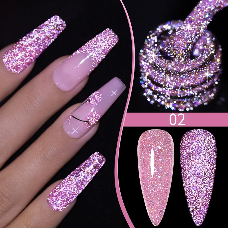 7.5ML Sparkling Reflective Glitter Gel Nail Polish Pink Purple Red Blue Colors Dark Flashing Nail Gel Soak Off UV Nail Varnish