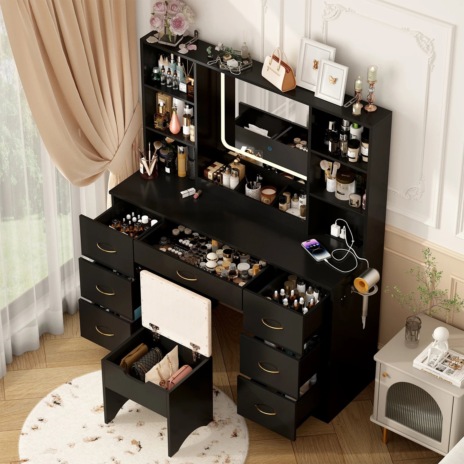 47" Vanity Desk with Mirror and Lights, Large Makeup Vanity with Vanity Chair & Charging Station, Dressing Table with 7 Drawers