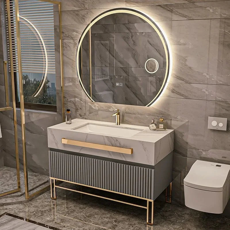 Oak Vanity Cabinet With Rock Slab LED Lighting — Grey | KIMLUD