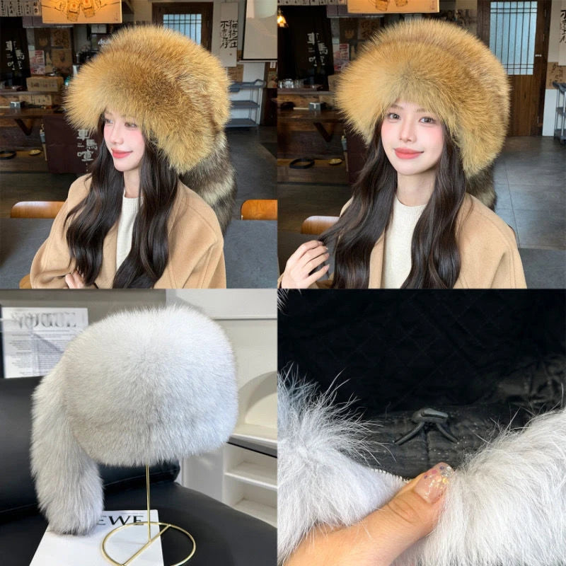 Winter Women Fashion Real Fur Hat Natural Fox Fur Hats Headgear Russian Outdoor Cap Ladies Thicken Warm Fur Caps Hats for Women