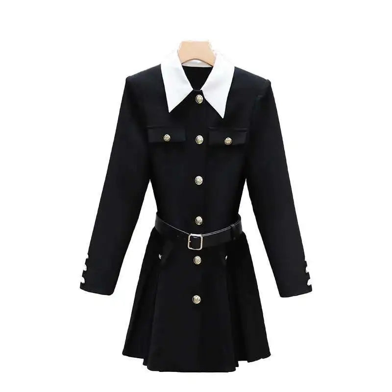 KIMLUD, Luxury Quality 2025 Spring Autumn Single Breasted Golden Button Long Full Sleeve Blazer Suit Coat Pleated Short Dresses Women, KIMLUD Womens Clothes