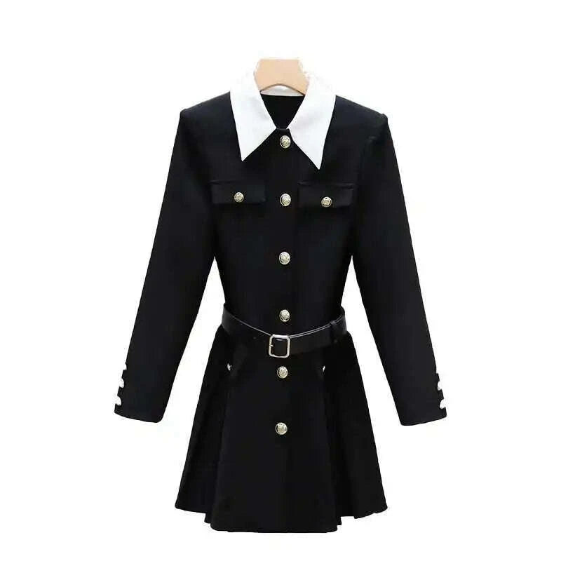 KIMLUD, Luxury Quality 2025 Spring Autumn Single Breasted Golden Button Long Full Sleeve Blazer Suit Coat Pleated Short Dresses Women, KIMLUD Womens Clothes