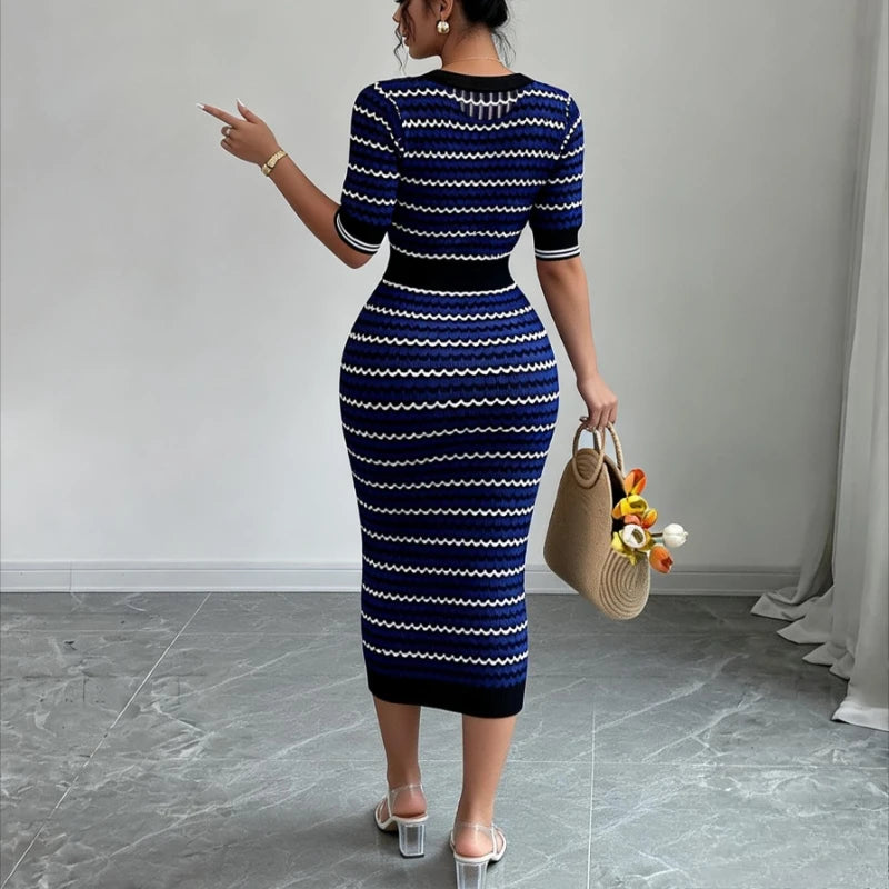 Knit Ribbed Striped Bodycon Midi Dress — Blue | KIMLUD