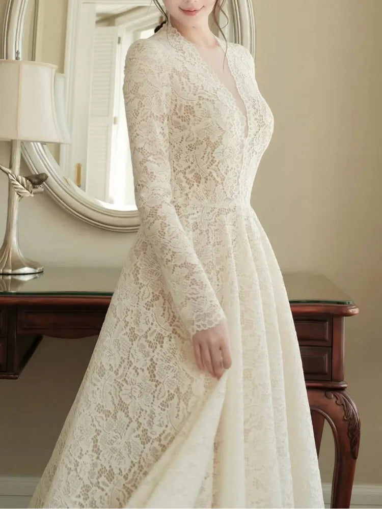 Lace Maxi Dress Long Sleeve Deep V Neck — Black | KIMLUD