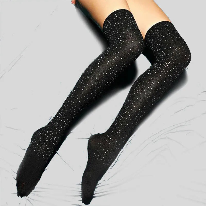 Rhinestone Knit Stockings Over The Knee — Black | KIMLUD
