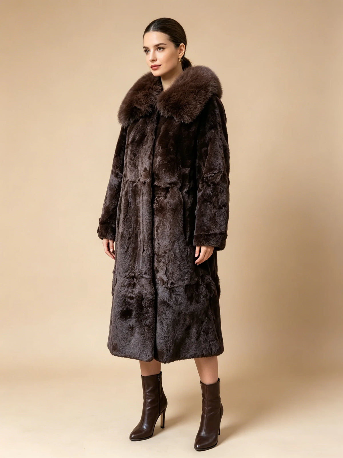 Rabbit Fur Coat – X-Long Rex Rabbit Fur – Fox Fur Collar | KIMLUD