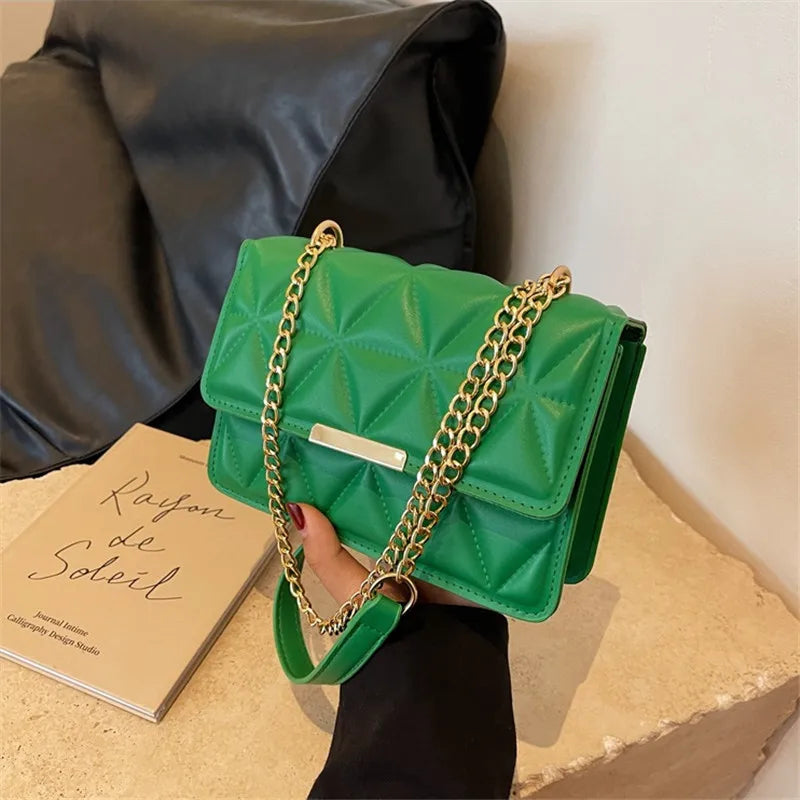 PU Leather Shoulder Bag Quilted Chain Small Square — Black | KIMLUD