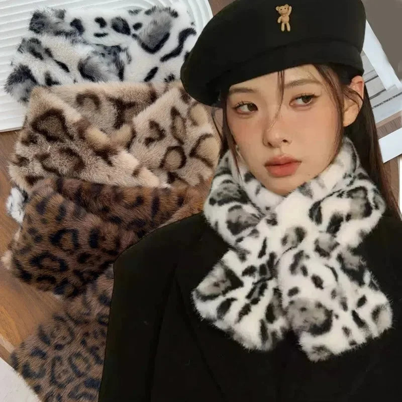 KIMLUD, Winter Leopard Faux Rabbit Fur Scarf Women Girls Scarf Soft Plush Scarves Solid Color Neck Collar Warmer Stuff Christma Gift, KIMLUD Womens Clothes