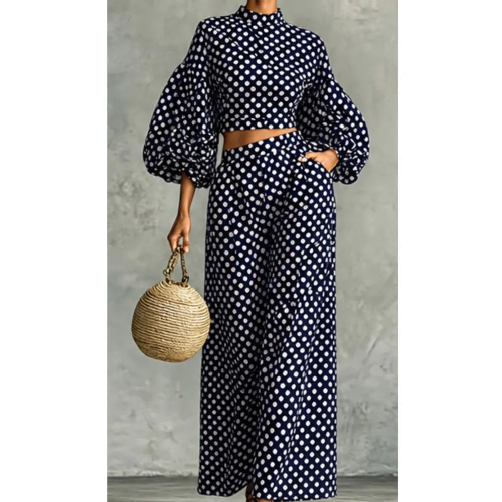 Two-Piece Polka Dot Trousers Suit – Wide-Leg – Synthetic Fiber | KIMLUD