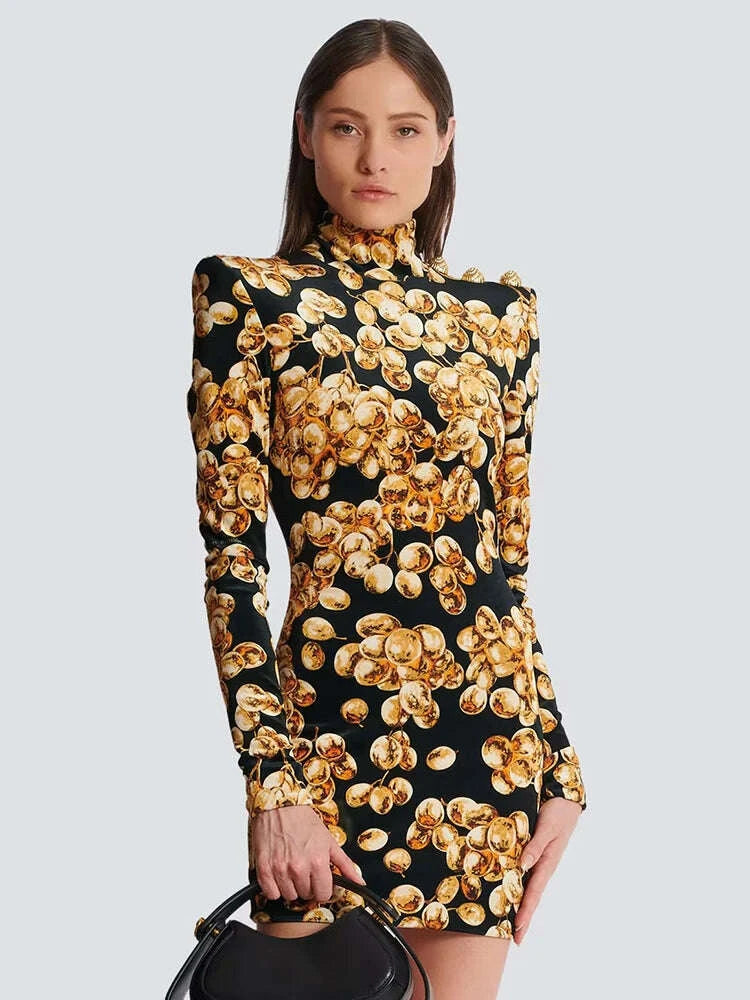 KIMLUD, VC Grape Printed Gold Velvet Turtleneck Slim Mini Dress Women Button Design Long Sleeves Celebrity Cocktail Club Party Dress, KIMLUD Womens Clothes