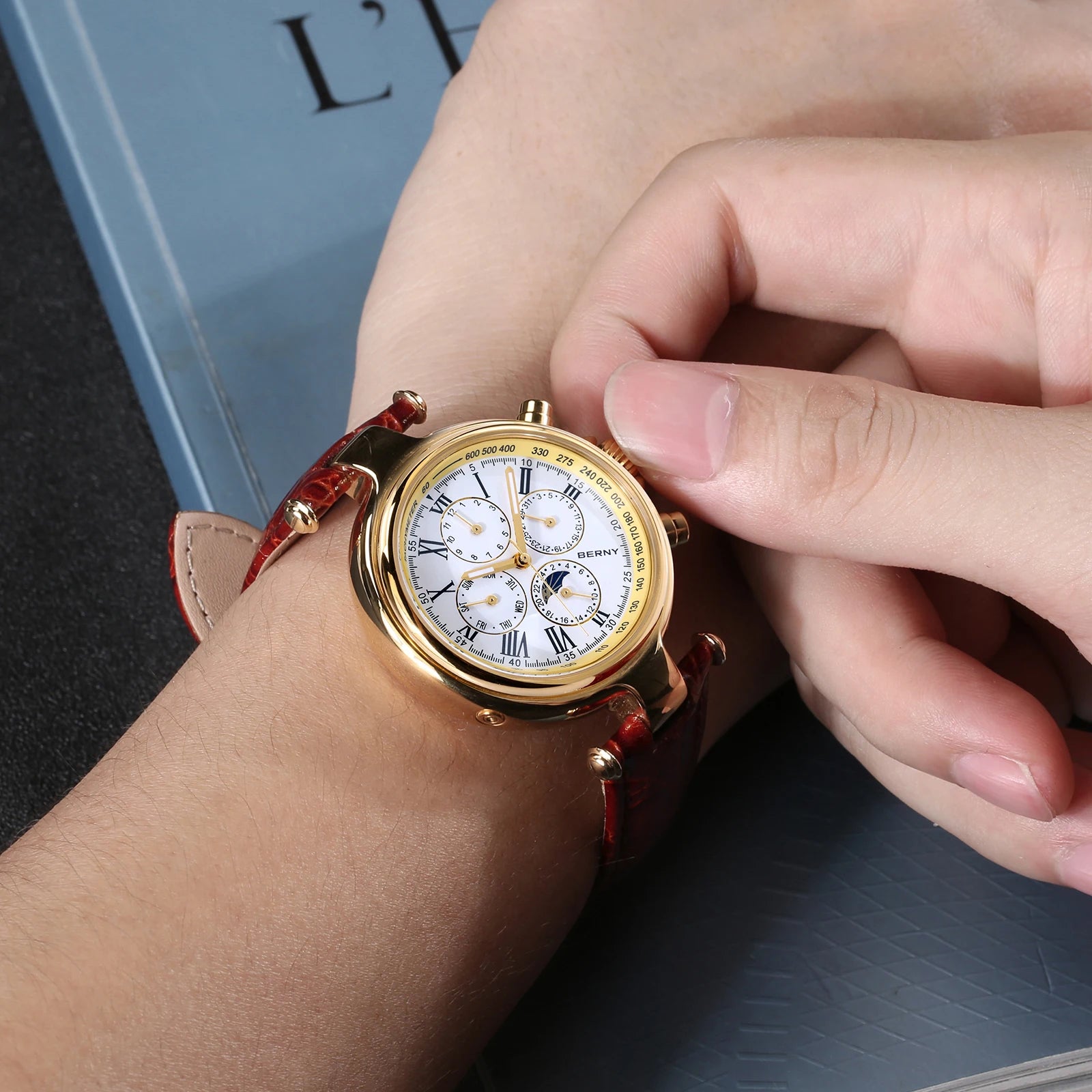 Genuine Leather Retro Automatic Watch — Black | KIMLUD