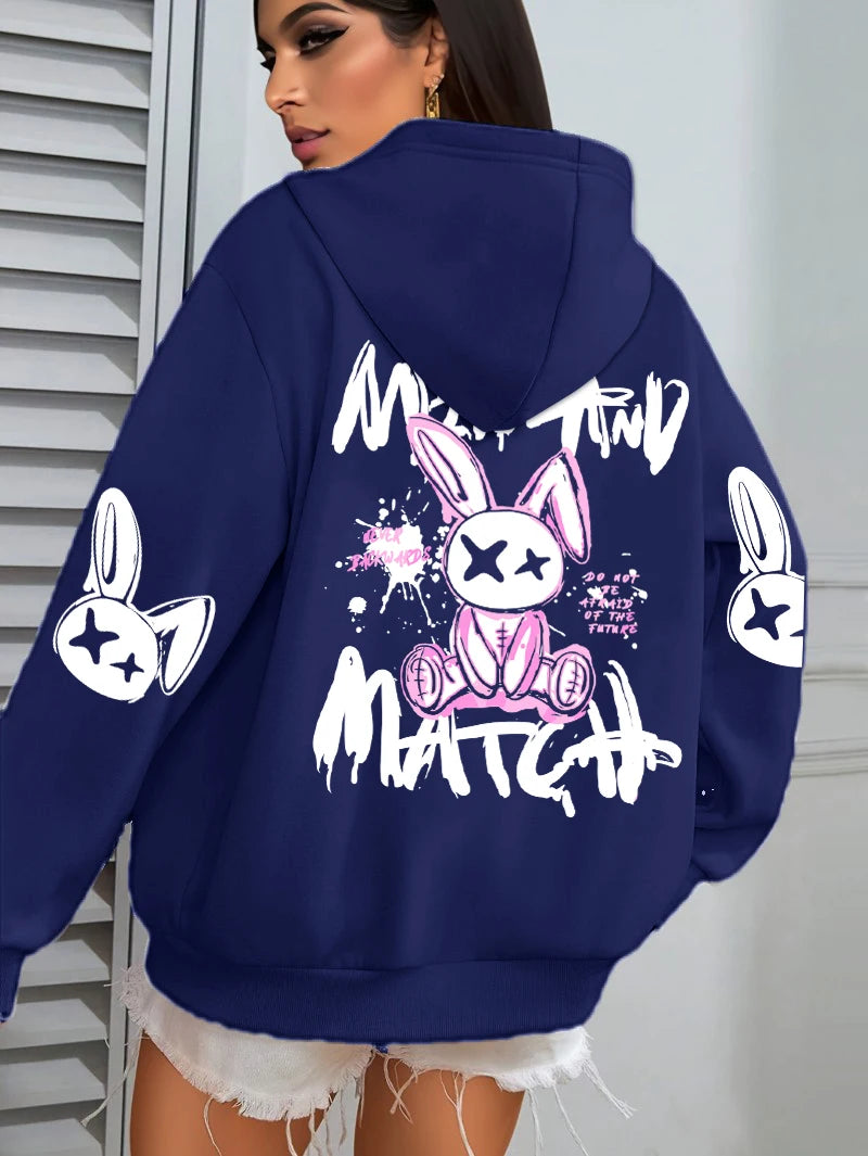 Hoodie – Cartoon Rabbit Prints – Loose Silhouette – Hooded | KIMLUD