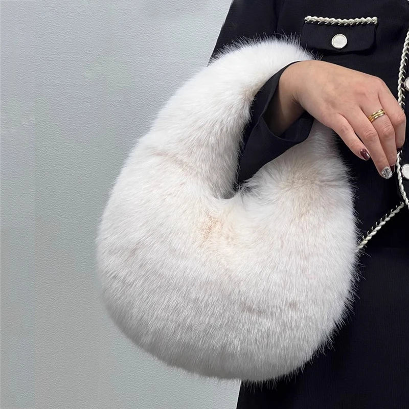 KIMLUD, Fashion Soft Plush Half Moon Bags for Women Designer Fluffy Faux Fur Lady Handbags Luxury Small Tote Female Winter Purses, KIMLUD Womens Clothes