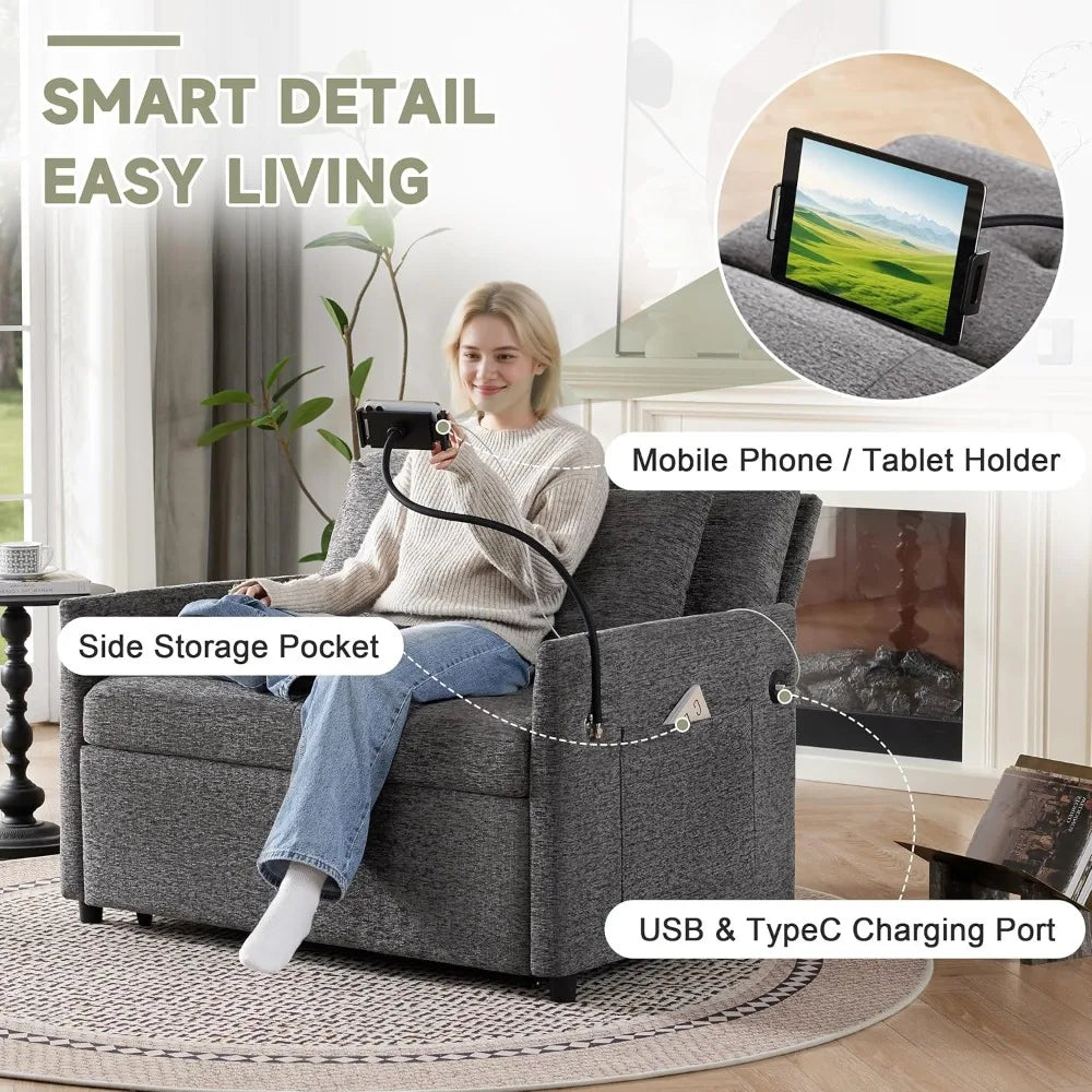 Boucle Sleeper Sofa Bed With USB Type-C Ports And 3-In-1 Convertible Backrest — Dark Grey | KIMLUD